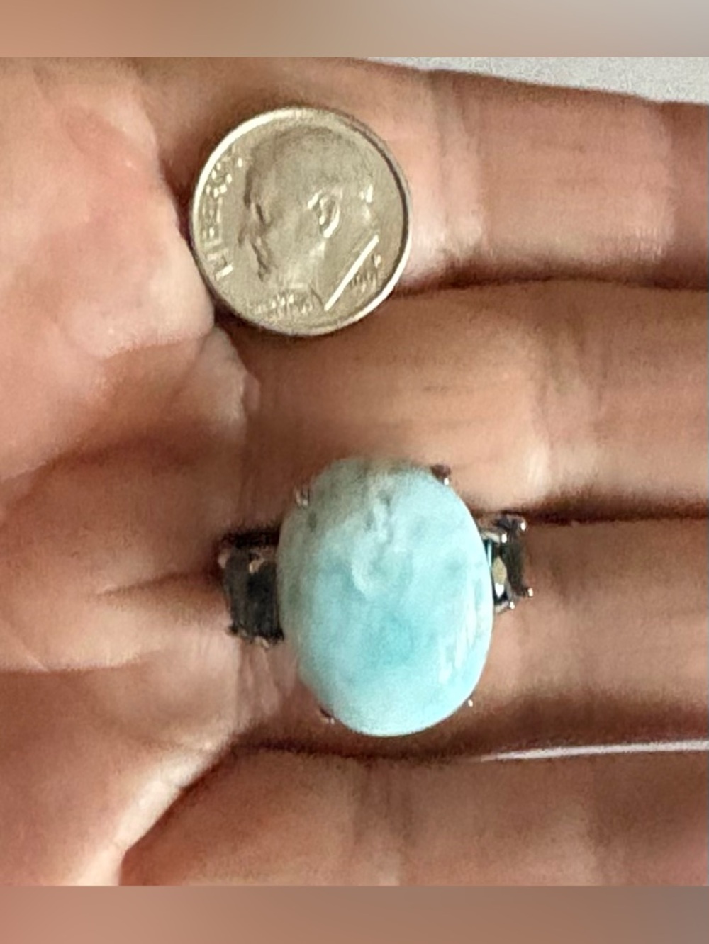 Sterling Silver Aqua Blue Larimar & London Blue Topaz Ring. 9 - Picture 4 of 5